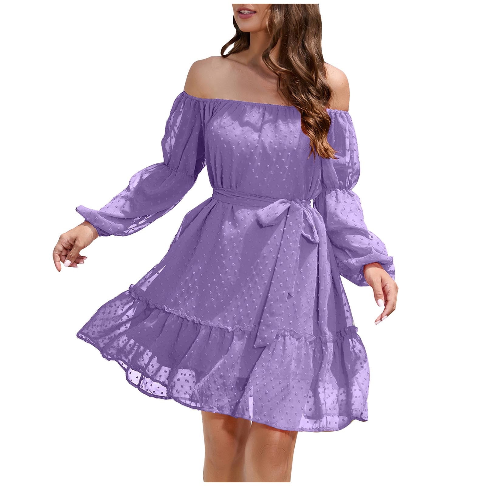 ワンピース Uhr Heart Mom Dress 5-6y purple Hfyihgf Womens Tie Waist Ruffle Dress Off Shoulder Lantern