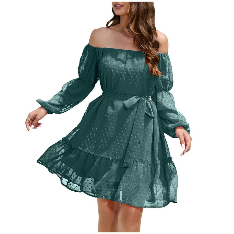 Hfyihgf Womens Tie Waist Ruffle Dress Sexy Off Shoulder