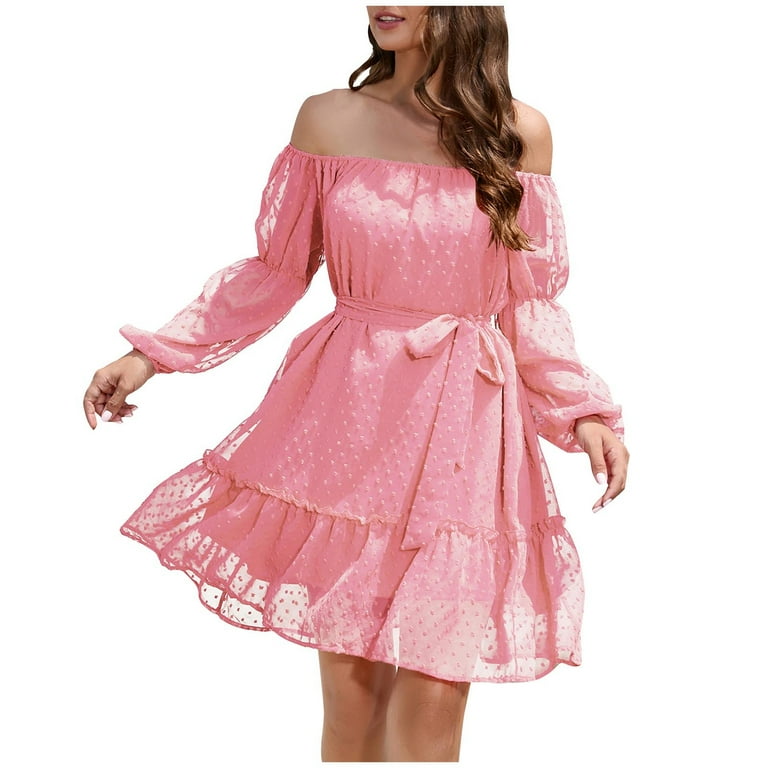 Hfyihgf Womens Tie Waist Ruffle Dress Off Shoulder Lantern