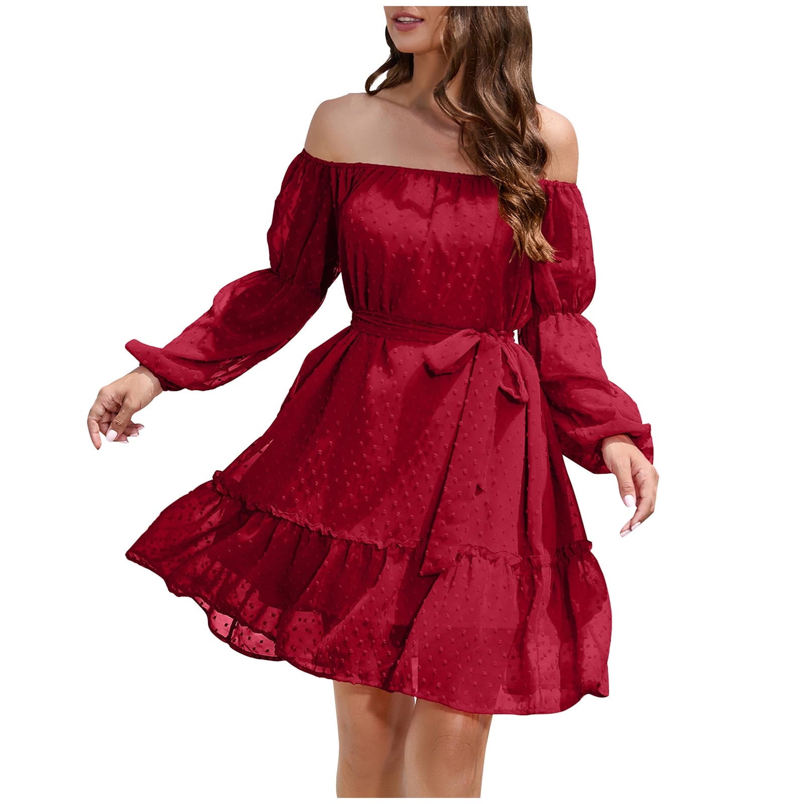 Hfyihgf Womens Tie Waist Ruffle Dress Sexy Off Shoulder Lantern Long Sleeve  Chiffon Short Dresses A-Line Casual Swiss Dot Swing Dress(Red,M)