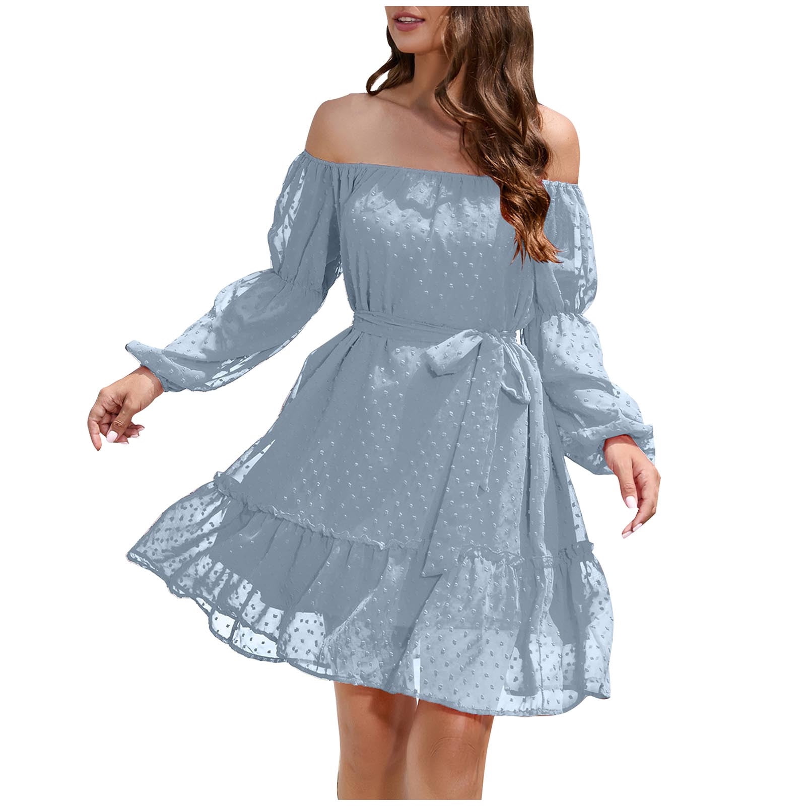 Hfyihgf Womens Tie Waist Ruffle Dress Sexy Off Shoulder Lantern Long Sleeve  Chiffon Short Dresses A-Line Casual Swiss Dot Swing Dress(Sky Blue,XL) -  Walmart.com