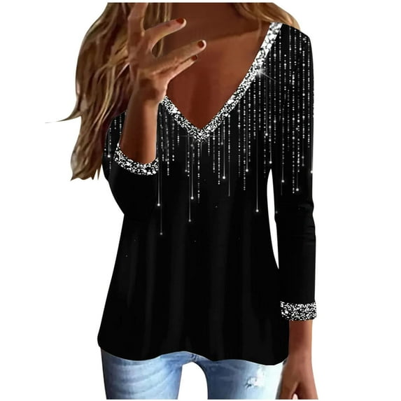 Hfyihgf Womens Tops Dressy to Wear with Leggings Sequins Trim V Neck Glitter Printed Graphic Elegant Long Sleeve T-Shirts Blouses(Black,L)