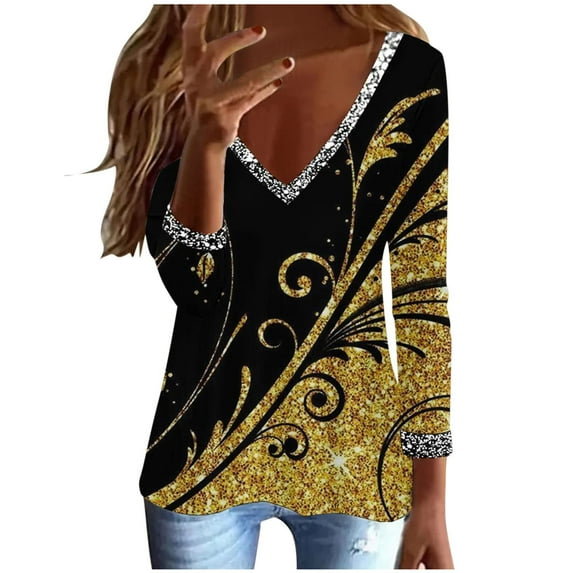 Hfyihgf Womens Tops Dressy to Wear with Leggings Sequins Trim V Neck Glitter Printed Graphic Elegant Long Sleeve T-Shirts Blouses(Yellow,S)