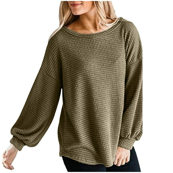 Hfyihgf Womens Tops Long Balloon Sleeve Waffle Knit Shirt Crew Neck Oversized Pullover Sweater(Army Green,XL)