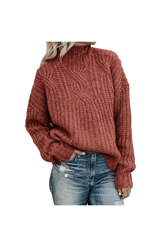 Womens Tops Winter Warm Long Sleeve Cable Knit Loose Sweaters Casual Oversized Mock Neck Turtleneck Pullover Sweater Rust Red 3XL
