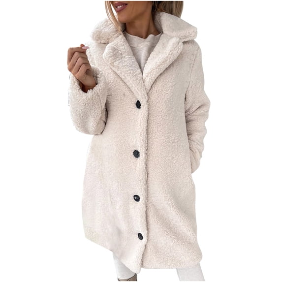 Hfyihgf Womens Trendy Winter Coat Faux Fur Fuzzy Fleece Sherpa Jacket Casual Lapel Button Down Long Pockets Teddy Warm Outwear(Beige,S)