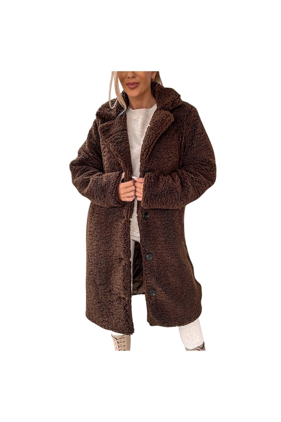 Womens Trendy Winter Coat Faux Fur Fuzzy Fleece Sherpa Jacket Casual Lapel Button Down Long Pockets Teddy Warm Outwear(Coffee,M)