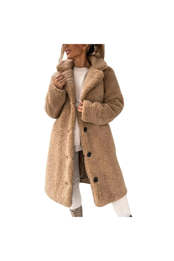 Womens Trendy Winter Coat Faux Fur Fuzzy Fleece Sherpa Jacket Casual Lapel Button Down Long Pockets Teddy Warm Outwear(Khaki,XL)