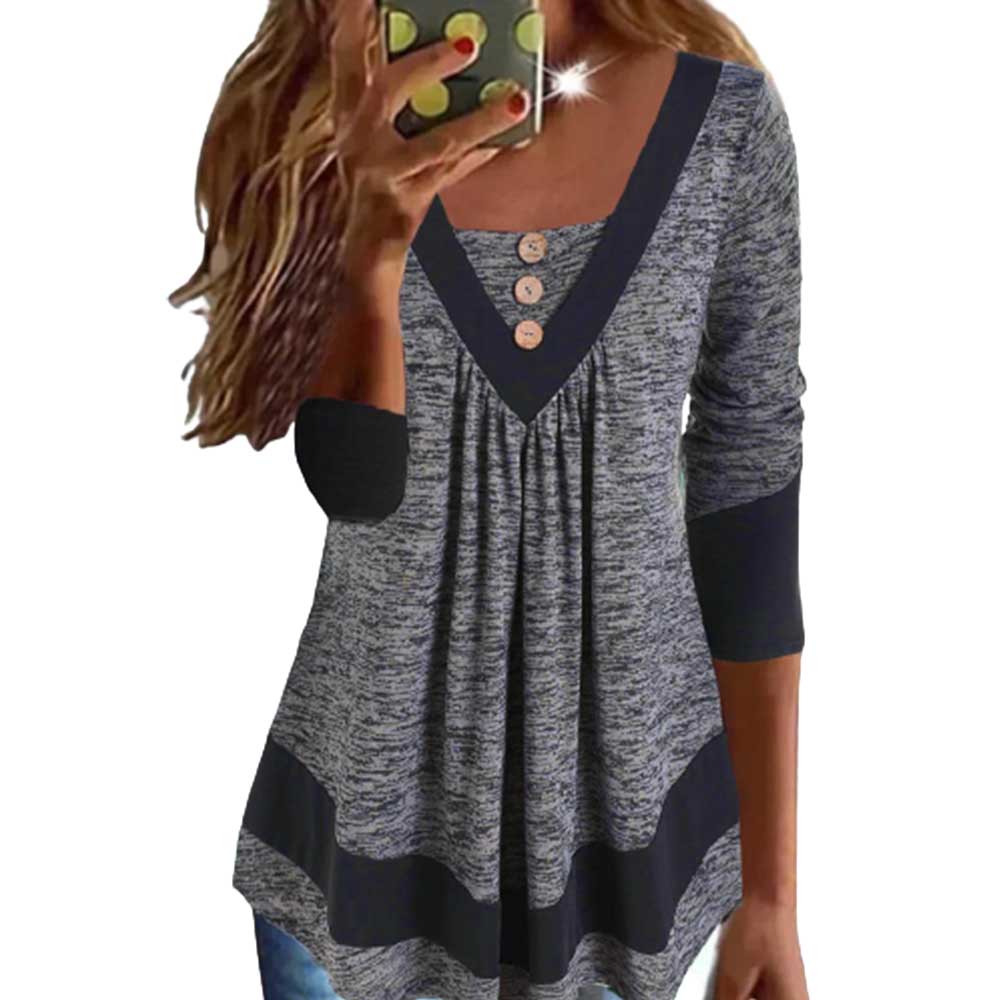 Womens Contrast Color T Shirt Summer Tunic Tops Casual Short Sleeve Blouse  V Neck Pullover