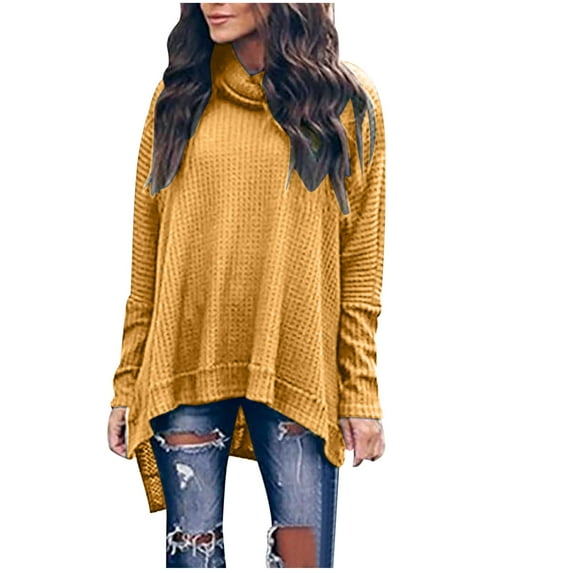 Hfyihgf Womens Turtleneck Oversized Sweater Waffle Knit Batwing Sleeve Loose High Low Hem Side Slit Pullover Tunic Tops Yellow S
