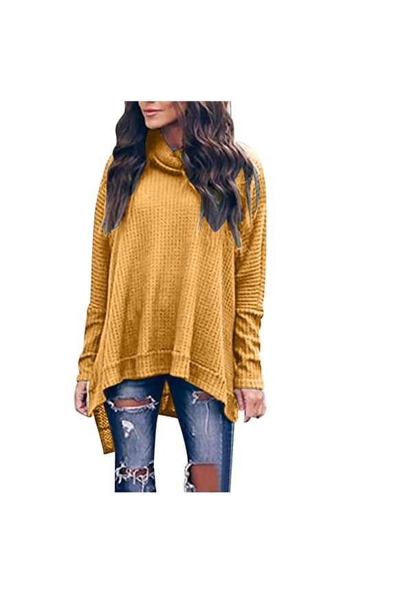 Womens Turtleneck Oversized Sweater Waffle Knit Batwing Sleeve Loose High Low Hem Side Slit Pullover Tunic Tops Yellow S