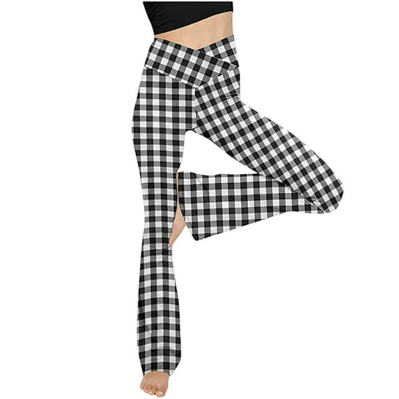 Hfyihgf Womens V-Crossover Flared Leggings Plaid High Waisted Casual Cute Stretchy Full Length Workout Elegant Yoga Pants(Black,L)