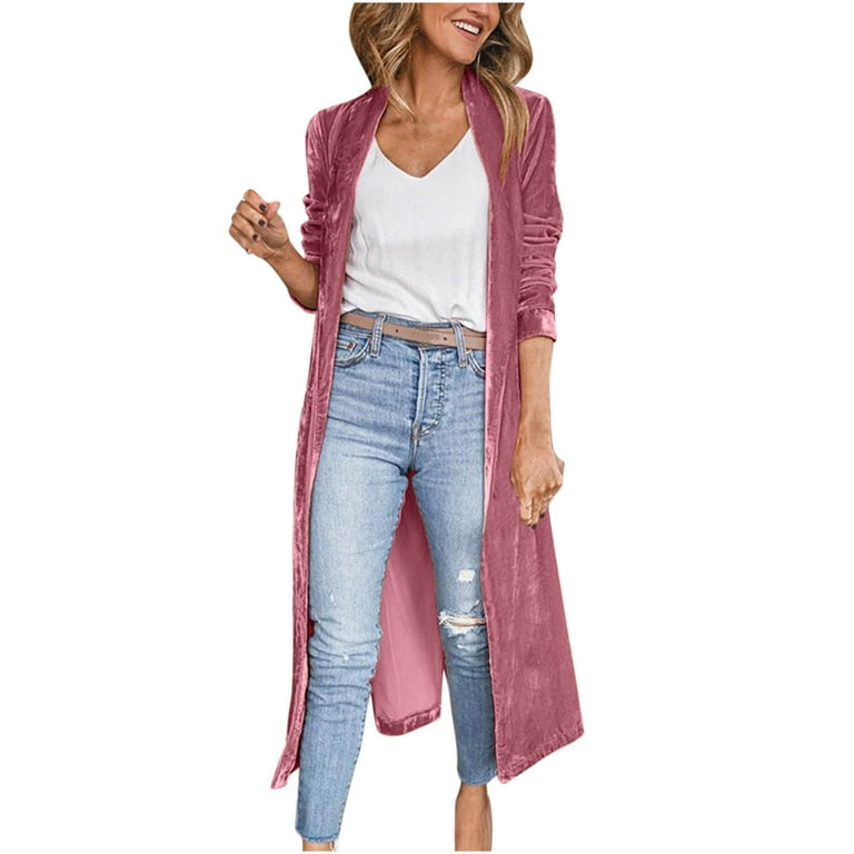 Hfyihgf Womens Velvet Trench Coat Long Sleeve Casual Open Front Lapel Cardigan Outwear Vintage Fall Long Coat Jackets Hot Pink M
