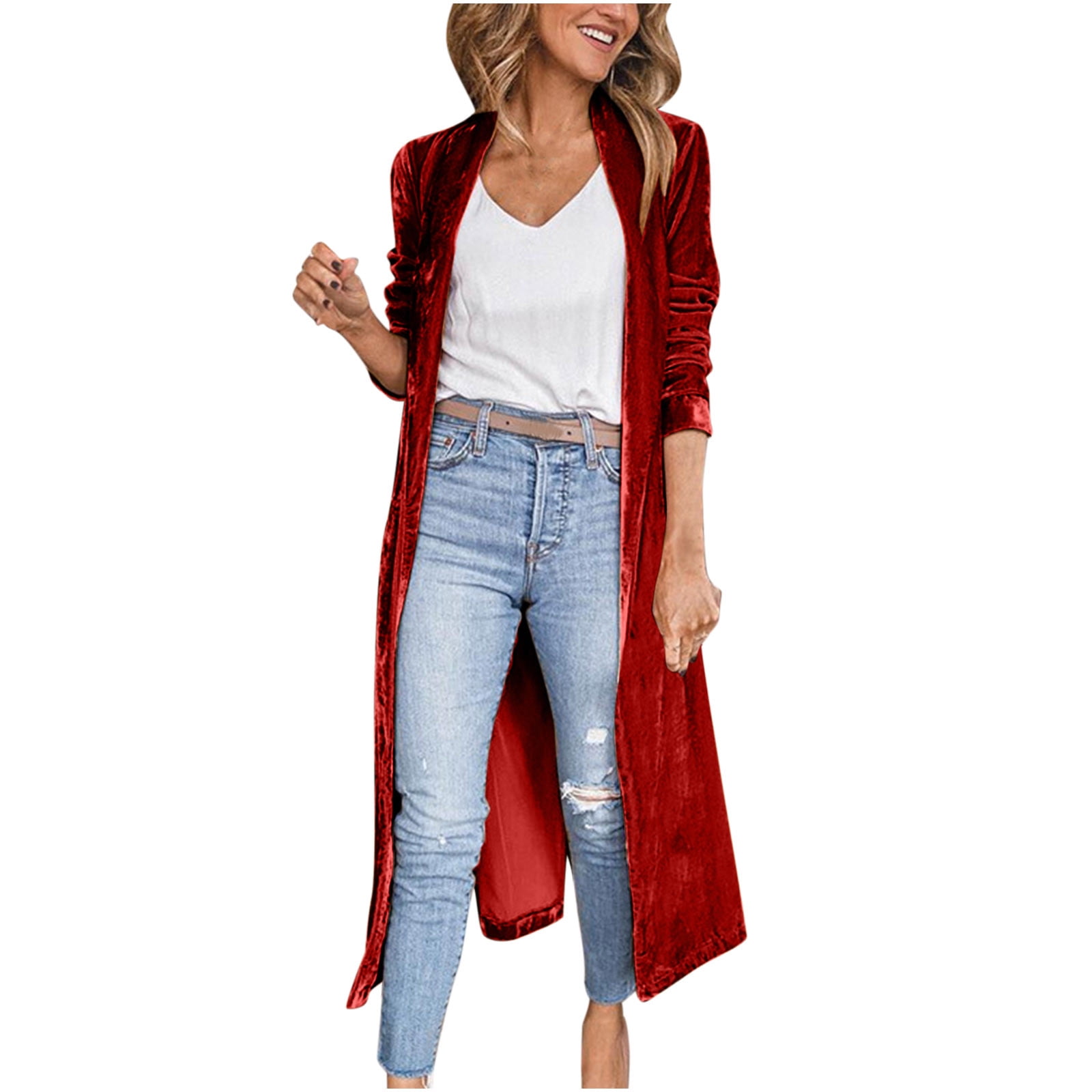 Hfyihgf Womens Velvet Trench Coat Long Sleeve Casual Open