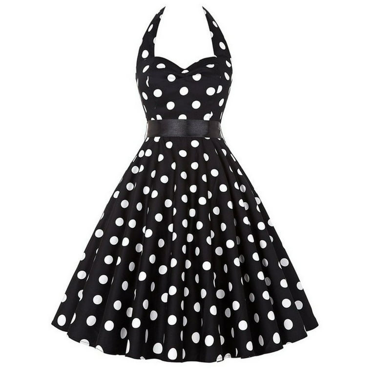 Hfyihgf Womens Vintage Halter Dress Polka Dot Print Rockabilly Dresses 50 s 60 s Cocktail Homecoming Party Tea Dress Black S Walmart