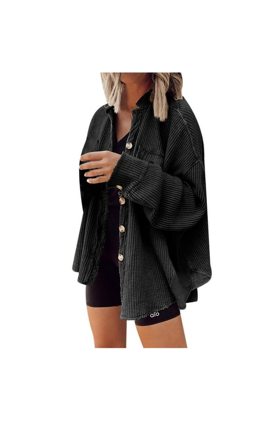 Womens Waffle Knit Shirt Jacket Oversized Button Down Shacket Batwing Sleeve Tops with Pockets Black L