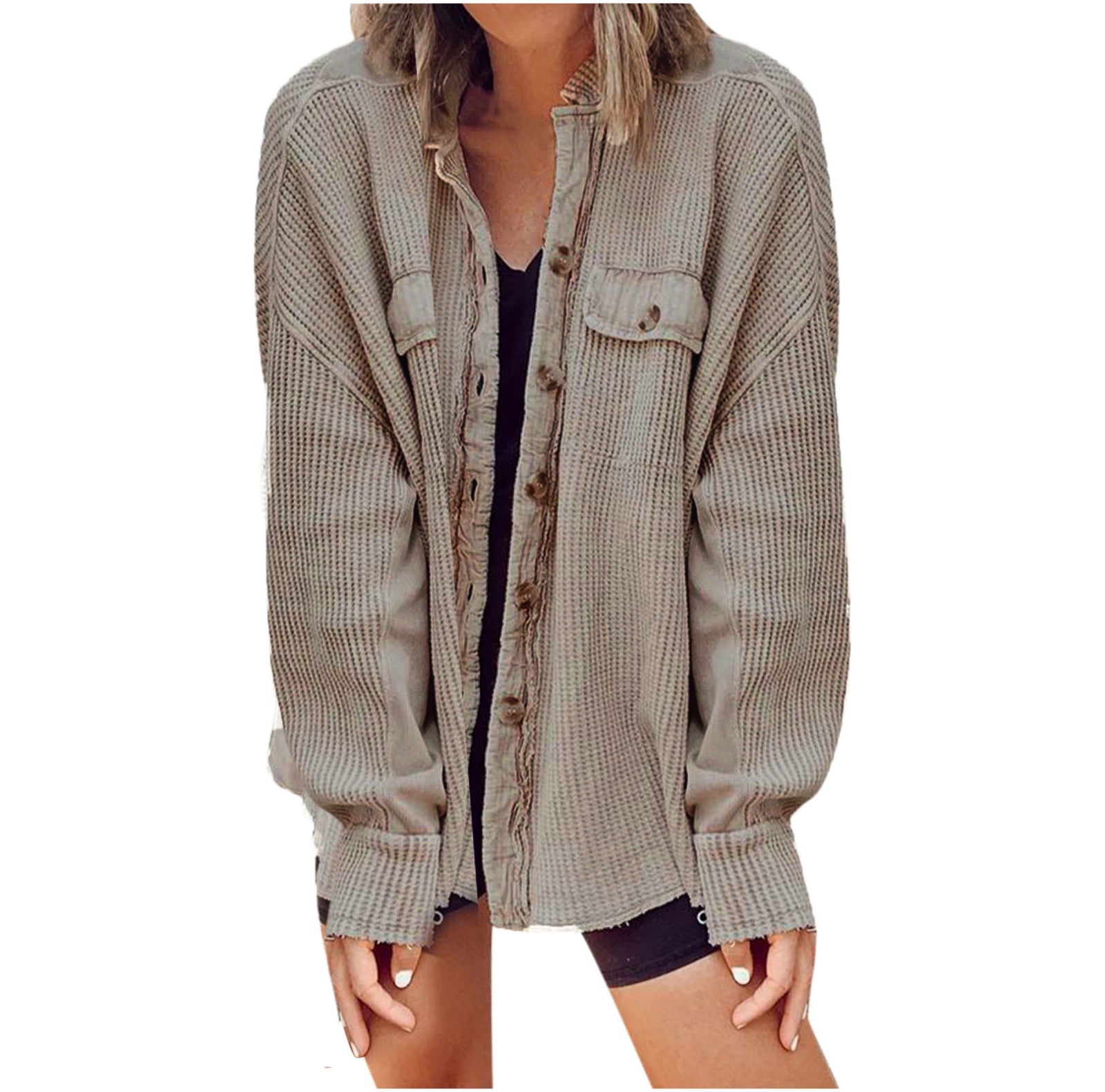 Hfyihgf Womens Waffle Knit Shirt Jacket Oversized Button Down 