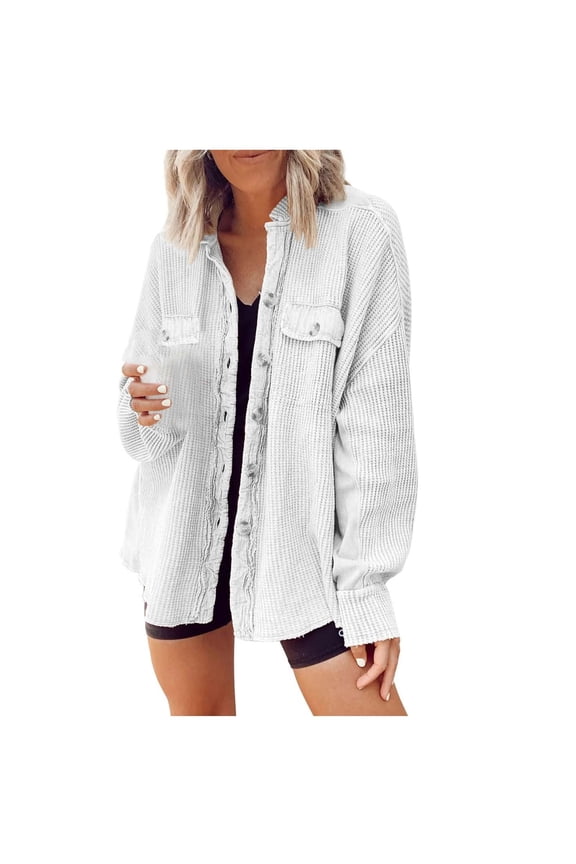Womens Waffle Knit Shirt Jacket Oversized Button Down Shacket Batwing Sleeve Tops with Pockets White S