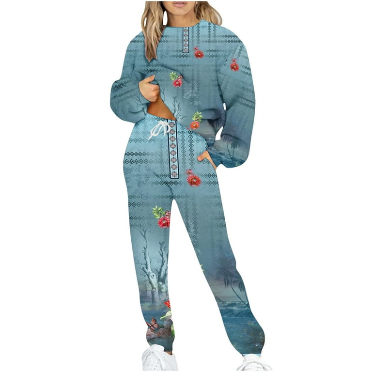 Hfyihgf Womens Western Aztec Print Jogger Outfit Matching Sweat Suits Long Sleeve Crewneck Pullover Sweatshirt and Sweatpants 2 Piece Lounge Sets Tracksuit Blue S Walmart