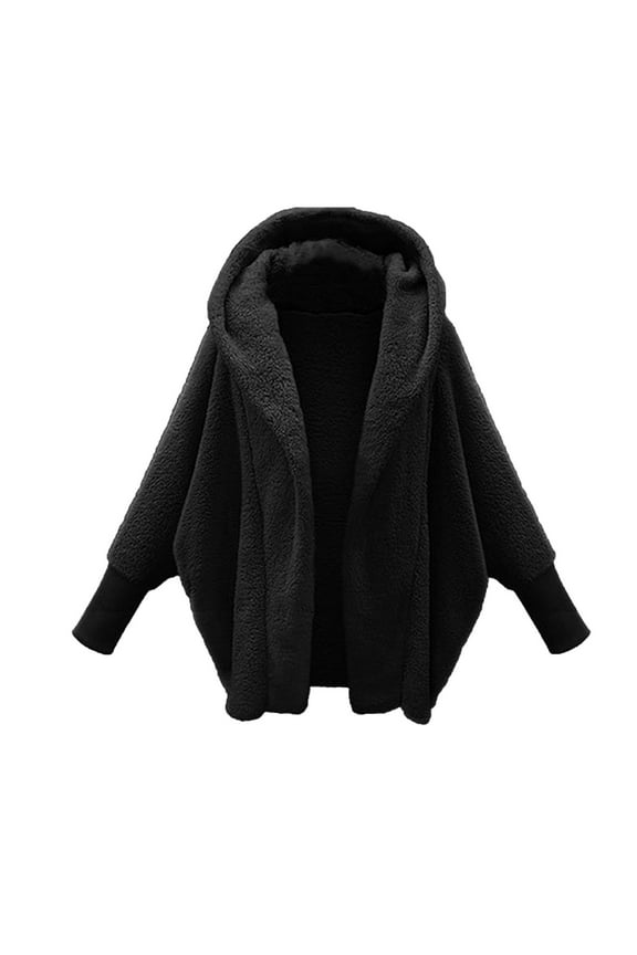 Womens Winter Hooded Cardigan Batwing Long Sleeve Fuzzy Fleece Open Front Coats Solid Color Warm Thick Jackets Outwear(Black,L)