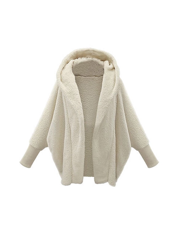 Womens Winter Hooded Cardigan Batwing Long Sleeve Fuzzy Fleece Open Front Coats Solid Color Warm Thick Jackets Outwear(White,L)