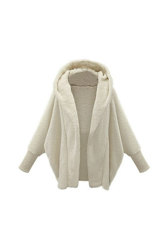 Womens Winter Hooded Cardigan Batwing Long Sleeve Fuzzy Fleece Open Front Coats Solid Color Warm Thick Jackets Outwear(White,S)