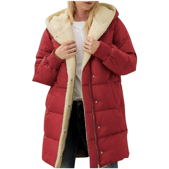 Hfyihgf Womens Winter Warm Puffer Jacket - Reversible Fleece Lined Hood Zip Sherpa Coat Parka Padded Long Outerwear with Pockets(Red,XXL)