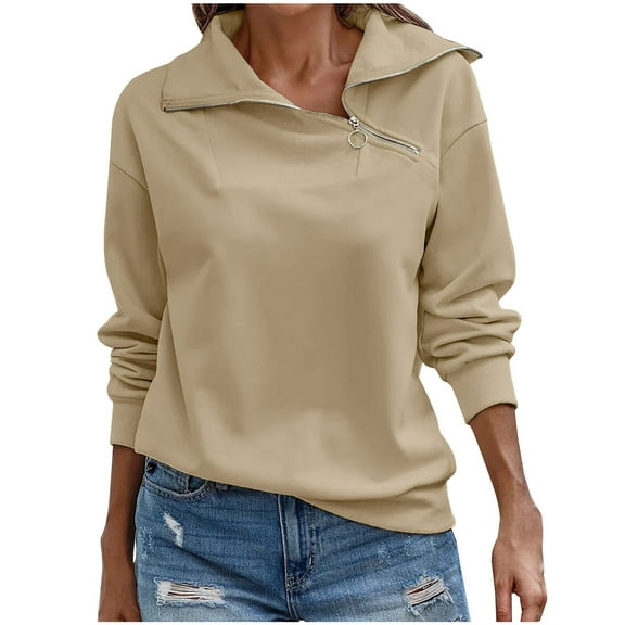 Hfyihgf Womens Zipper Sweatshirt Turtleneck Long Sleeve Pullover Solid Color Fall Casual Loose Sweatshirts Top T Shirts Khaki M