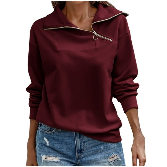Hfyihgf Womens Zipper Sweatshirt Turtleneck Long Sleeve Pullover Solid Color Fall Casual Loose Sweatshirts Top T Shirts Wine L