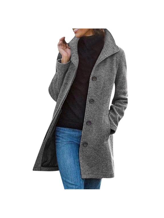 Wool Blend Peacoats for Women Notched Lapel Single Breasted Trench Coat Long Sleeves Winter Overcoat Green L