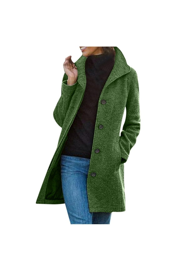 Wool Blend Peacoats for Women Notched Lapel Single Breasted Trench Coat Long Sleeves Winter Overcoat Green XXL