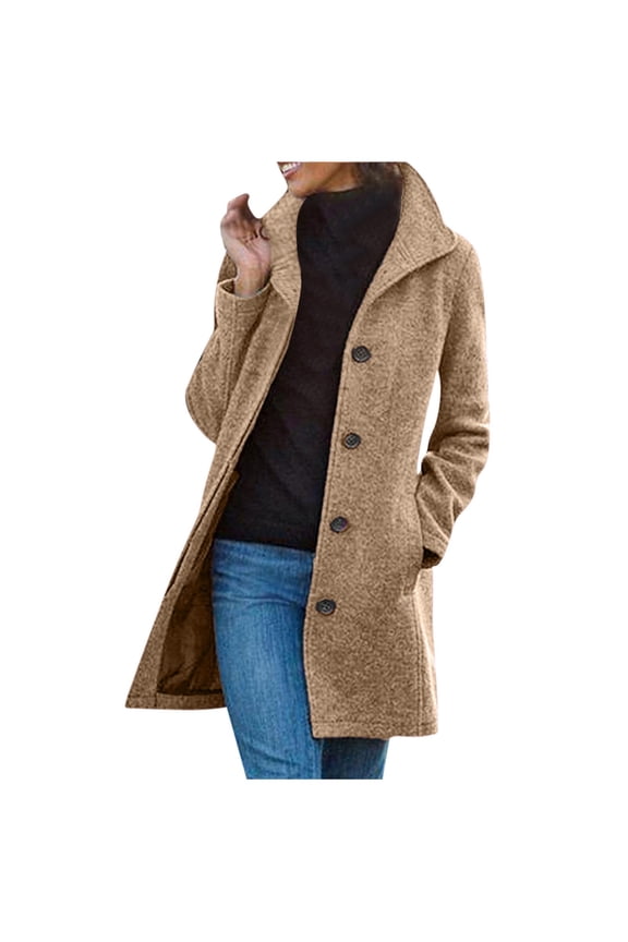 Wool Blend Peacoats for Women Notched Lapel Single Breasted Trench Coat Long Sleeves Winter Overcoat Khaki XXL