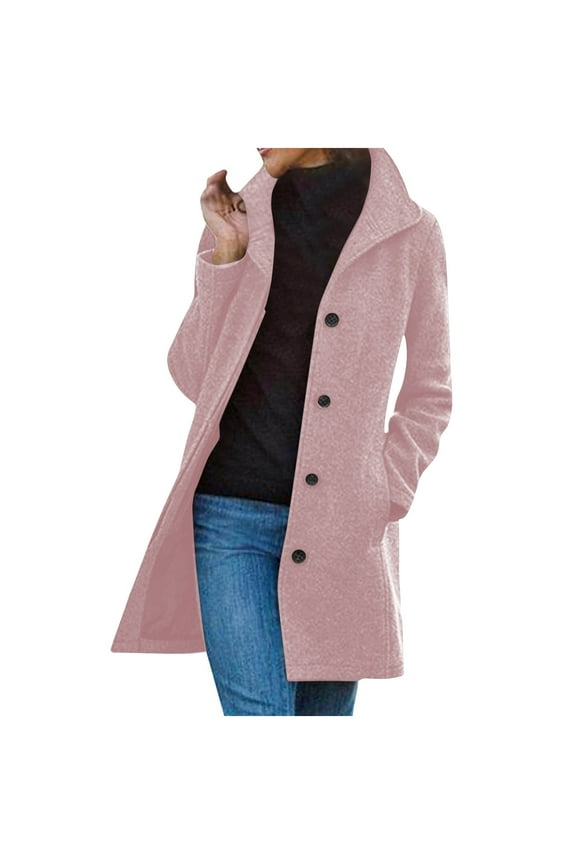 Wool Blend Peacoats for Women Notched Lapel Single Breasted Trench Coat Long Sleeves Winter Overcoat z1-Pink XL