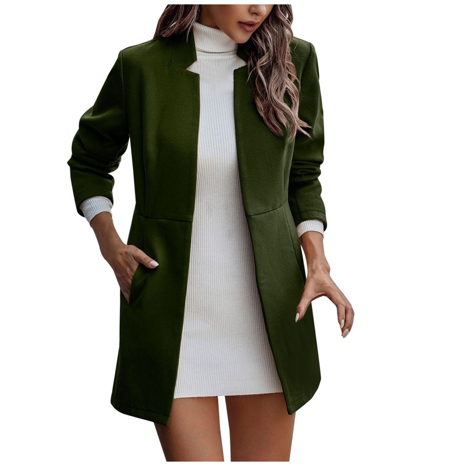 Open Cardigan(Gray,S) Woolen Solid Sleeve Fashion Slim Coat Hfyihgf Blazer Front Work Women\'s Jackets Color Fall Lady Wool Long Winter Pea Coats
