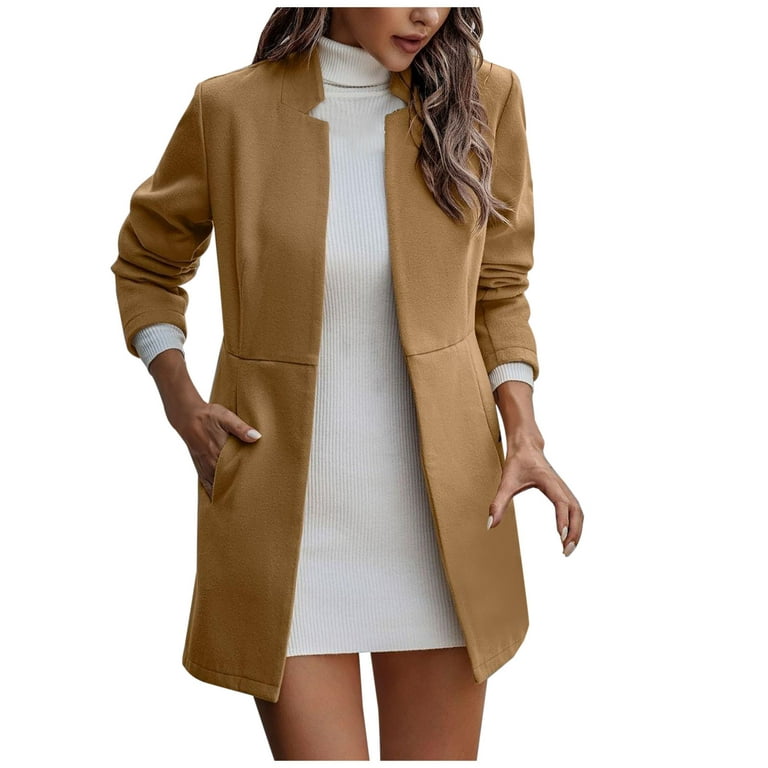 Hfyihgf Wool Lady Pea Coat Women\'s Fall Winter Fashion Work Jackets Blazer  Solid Color Open Front Woolen Coats Slim Long Sleeve Cardigan(Khaki,S)
