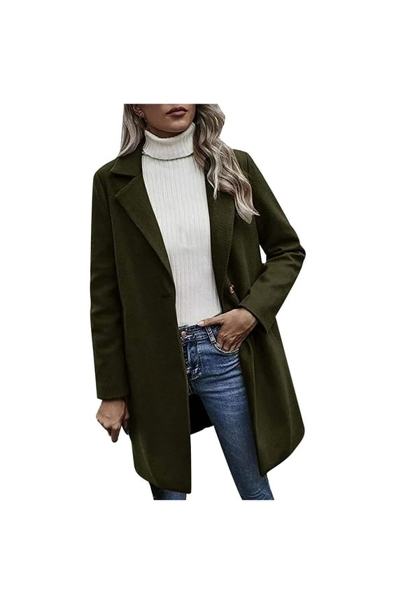 Wool Trench Coats for Women Winter Fall Notch Collar Peacoats Button Down Long Jackets Casual Walker Outwear Army Green M