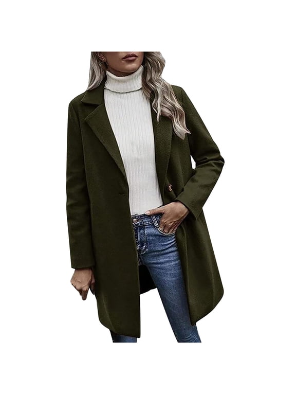 Wool Trench Coats for Women Winter Fall Notch Collar Peacoats Button Down Long Jackets Casual Walker Outwear Army Green S