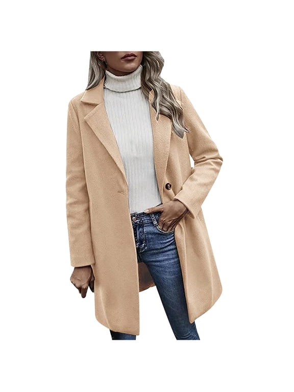 Wool Trench Coats for Women Winter Fall Notch Collar Peacoats Button Down Long Jackets Casual Walker Outwear Beige M