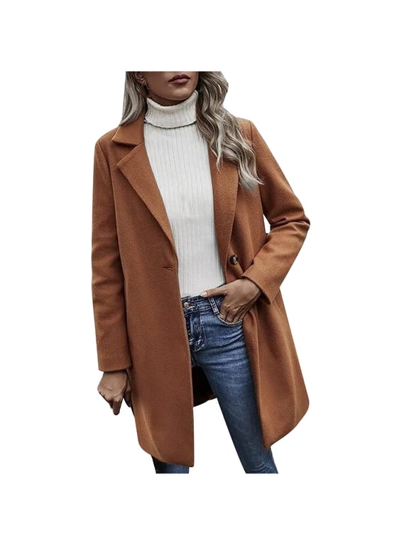 Wool Trench Coats for Women Winter Fall Notch Collar Peacoats Button Down Long Jackets Casual Walker Outwear Brown XL