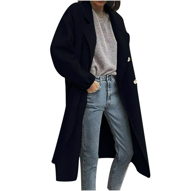 Hfyihgf Wool Trench Coats for Women Winter Fashion Notch Collar Double  Breasted Peacoats Plus Size Long Jackets Casual Walker Coat Black M