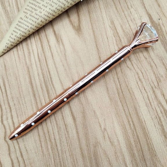 PureCasa 1PC Big Crystal Diamond Pen, Cute Aesthetic Ballpoint Pens for Office Women , Office Supplies Good Decor Rhinestones Bling Gem Pens, Rose Gold White Dots