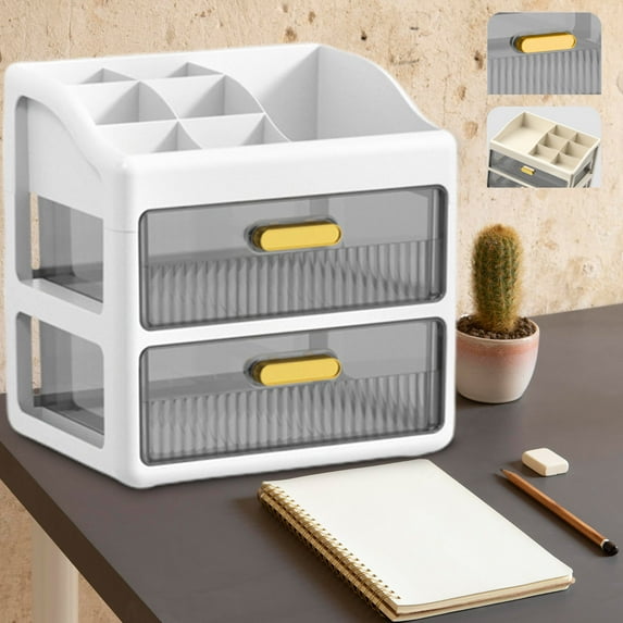 PureCasa 2 Drawer Desktop Organizer for Stationery and Cosmetic, Office Supplies Desk Pencil Organizers Plastic Storage Box, No Assembly Required, 1 Pack, 8.3"x6.3"x9"