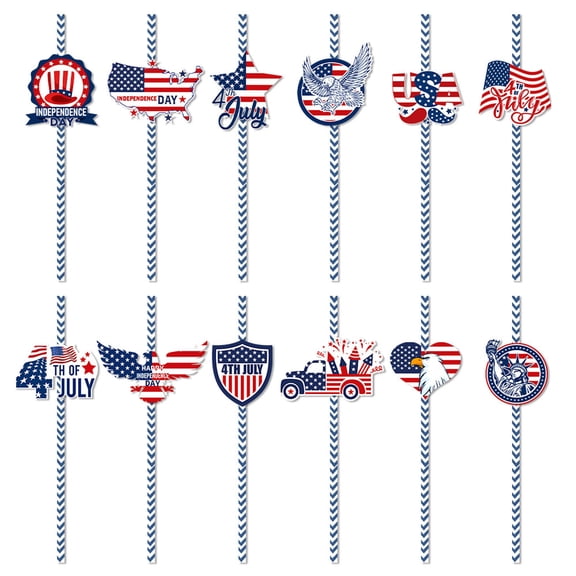 PureCasa 24PCS Disposable Paper Straws Patriotic Theme, Colorful BPA-Free Disposable Straight Straw with Flags, Festival Decor Party Supplies Perfect for Smoothies, Milkshakes, Tea, Juice, Blue