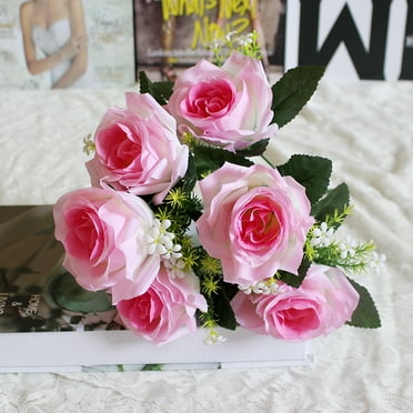 Hgallory Artificial Flowers Simulated Eucalyptus Roses, 7-Head Silk Flower Fake Cabbage Roses Handheld Bouquet, Household Decoration Props for Indoor Outdoor Wedding Bridal, 1PC, Pink