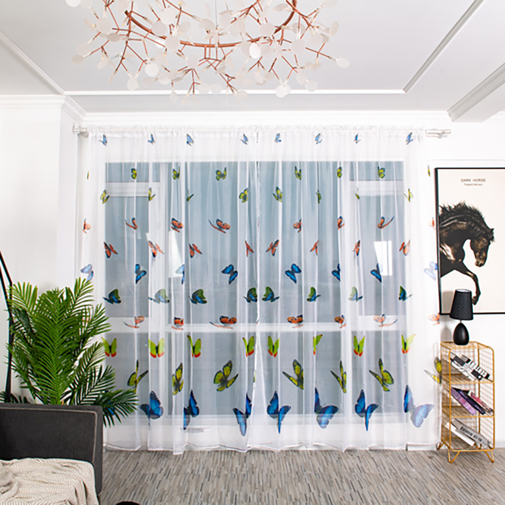 PureCasa Blue and Colorful Butterfly Pattern Semi Sheer Curtain for ...