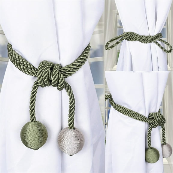 PureCasa Boho Retro Curtain Tie Back Cord 1PC, Rope Drape Tiebacks with Tassel and Hanging Balls, Decortive Drapery Holdbacks for Window Curtains, Home & Office Decor, 16.9"x1.8", Army Green