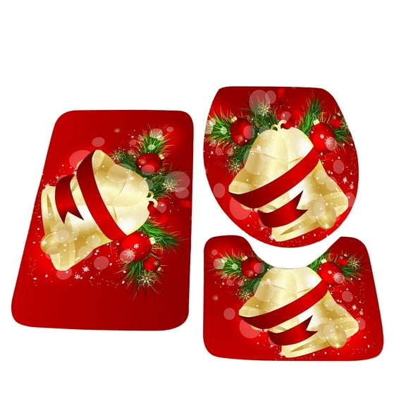 PureCasa Christmas Bath Mat Set of 3, Polyester Bathroom Mats Includes Bath Rug, U-Shape Toilet Floor Mat and Toilet Pad, Cartoon Decor, 20"x32" + 16"x20" + 15"x16", 1 Pack, Red, Rectangle