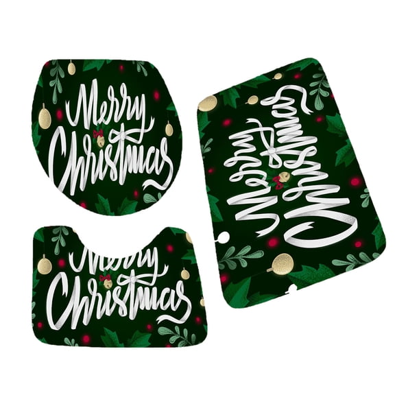 Hgallory Christmas Bath Mat Set of 3, Polyester Bathroom Mats Includes Bath Rug, U-Shape Toilet Floor Mat and Toilet Pad, Cartoon Decor, 20"x32" + 16"x20" + 15"x16", 1 Pack, Green, Rectangle