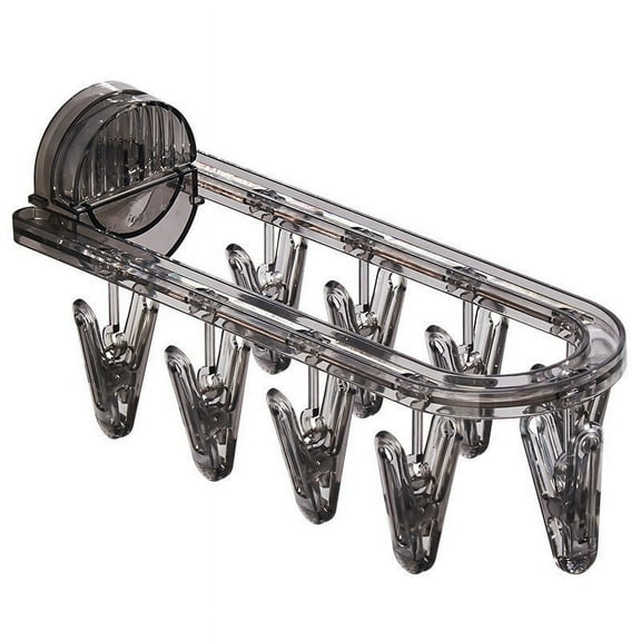 PureCasa Clothes Drying Hanger with 9 Clips, Foldable Laundry Drying Rack with Suction Cup, Wall Mounted Hanging Drying Racks for Clothes Underwear Socks, 1 Pack, 10.2"x3.1"x2.8", Gray