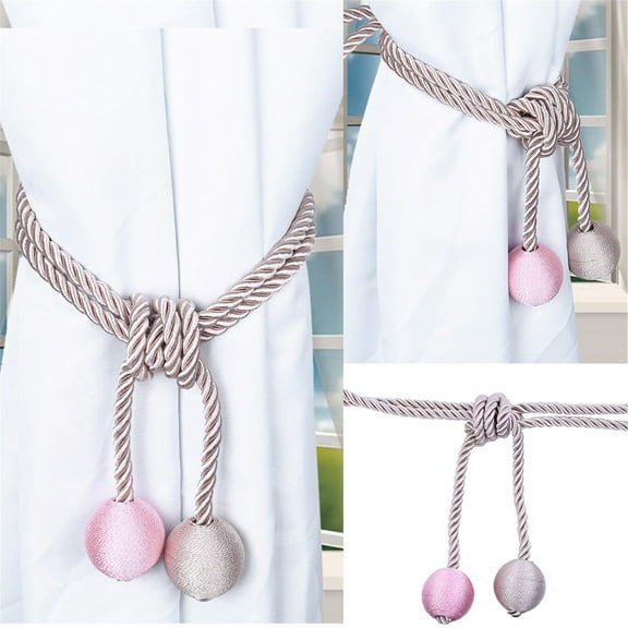 PureCasa Curtain Tie Back Cord 1PC, Polyester Rope Drape Tiebacks with Hanging Ball Tassel, Retro Bohemian Style Home Decor Drapery Holdbacks for Window Curtains, 16.9"x1.8", Pink